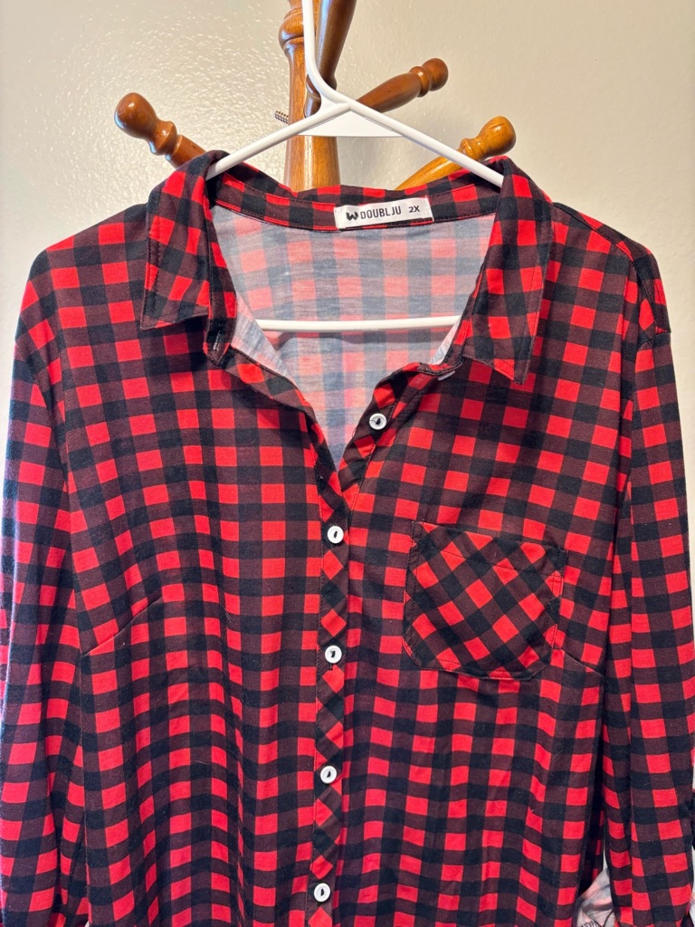 Doublju Red and Black Plaid Button-Down Shirt